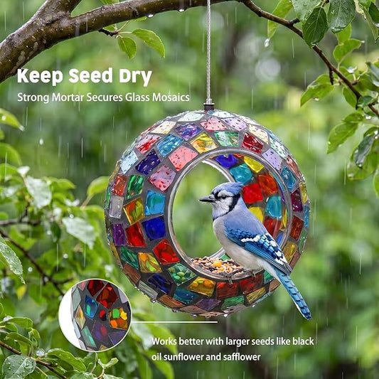 VCUTEKA Bird Feeder Mosaic Fly Through Bird Feeders for Outside Hanging with Round Shape Glass Container to Attract More Wild Birds for Garden, Yard, Backyard, Deck and Porch Decor, Polygon 7-Inch