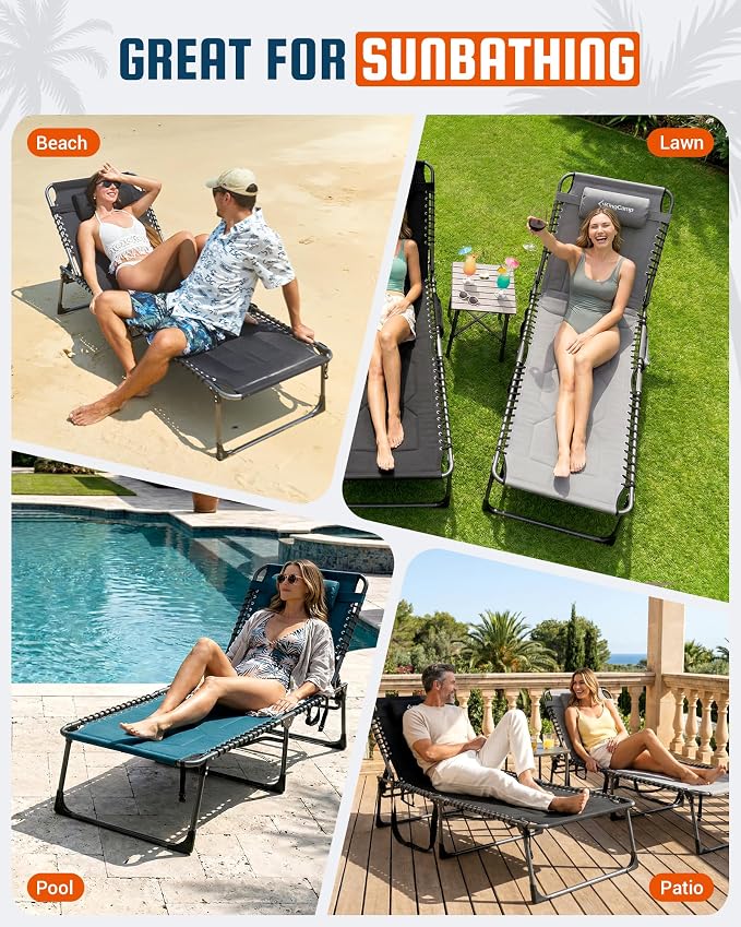KingCamp Oversized Tanning Chair, Extra-Wide Padded Folding Chase Lounge Chairs Portable Adjustable 5-Position 440lbs Heavy Duty Lounger with Double-Layer Oxford for Outdoor Beach Patio Sun Pool Black