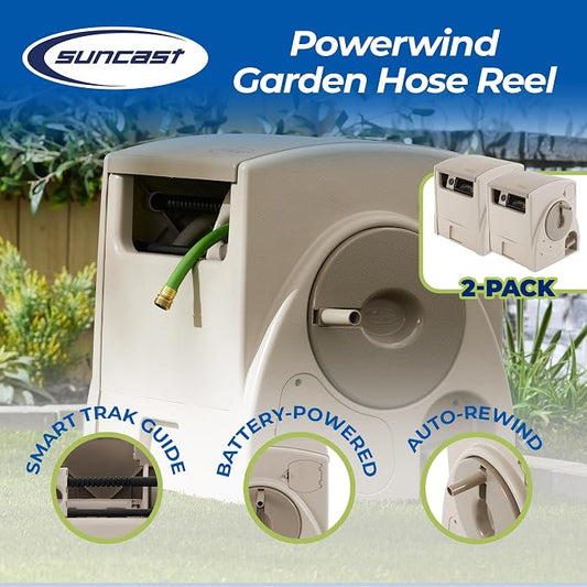 Suncast 2 Pack Automatic Rewind Garden Hose Reel, 100 ft. 5/8 in. Vinyl Hose Holder, Light Taupe