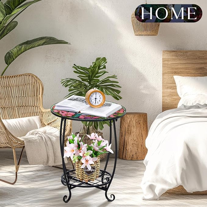 Cinnvoice Outdoor Side Table Round Small Mosaic Patio Accent Indoor End Plant Coffee Tea Table for Yard Patio Porch Garden Living Room, Bedroom(Hummingbird Style,18 Inch)