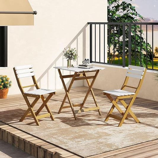 HAPPYGRILL 3-Piece Folding Patio Bistro Set, Acacia Wood Chairs and Square Table with Slatted Design, Small Outdoor Furniture Set for Backyard Garden Balcony Porch