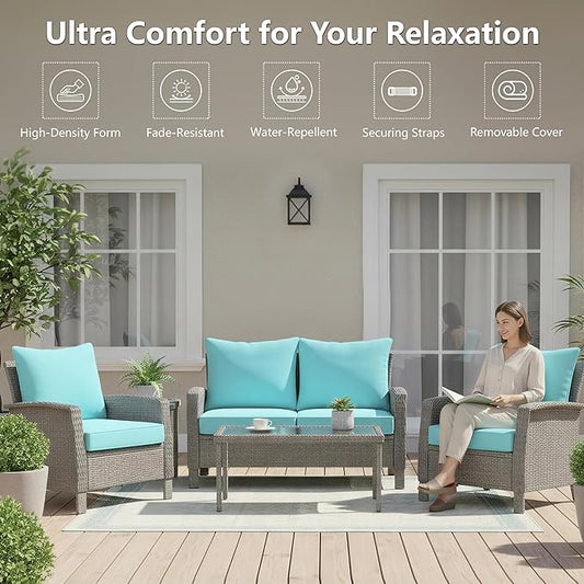 24x24 Inch Outdoor Chair Cushions Set of 4, Patio Furniture Cushions - Removable Cover, Water-Repellent, Fade-Resistant, Non-Slip Bottom & Straps, Replacement for Deep Seat Sofa & Couch - Light Blue