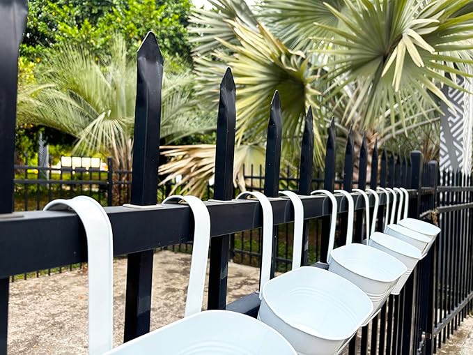 12" Balcony Railing Planters, Outdoor Hanging Planter for Fence, Stylish Metal Porch Deck Flower Pot for Herbs & Succulents (White, Pack of 8)