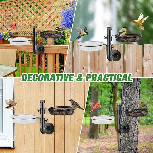 Urban Deco Wall Mounted Bird Feeder With Detachable Tray and 2 Water Bowls for Balcony, Yard, Fence, and Tree - Black