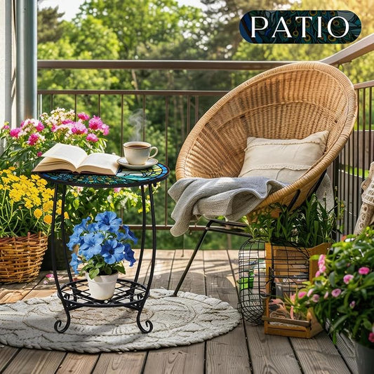 Cinnvoice Outdoor Side Table Round Small Mosaic Patio Accent Indoor End Plant Coffee Tea Table for Yard Patio Porch Garden Living Room, Bedroom(Peacock Style,12 Inch)