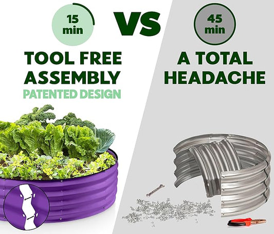 Plant & Plot Round Galvanized Raised Garden Bed // 4×4×1 ft (2-Pack) Galvanized Raised Garden Beds Outdoor for Gardening, Vegetables, Flowers // Patented Tool-Free Design Round Planter (Purple)