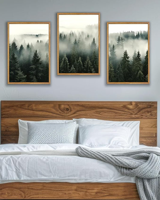 UPWOIGH Large Framed Canvas Wall Art, Set of 3 Foggy Forest Decor, 16x24 in Minimalist Natural Cotton Posters, Misty Forest Triptych, Green Botanical Modern Aesthetic for Living Room, Bedroom, Office