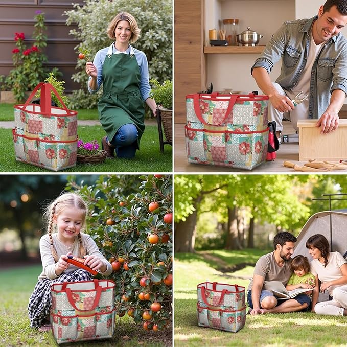 Floral Garden Tool Bag - Waterproof Garden Tote with 8 Pockets, Large Storage Home Organizer Gardening Tool Oxford Bag for Garden Tools Kits Holder, Ideal Outdoor Gardening Gift for Women & Men