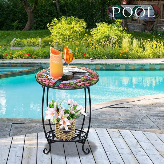 Cinnvoice Outdoor Side Table Round Small Mosaic Patio Accent Indoor End Plant Coffee Tea Table for Yard Patio Porch Garden Living Room, Bedroom(Hummingbird Style,18 Inch)