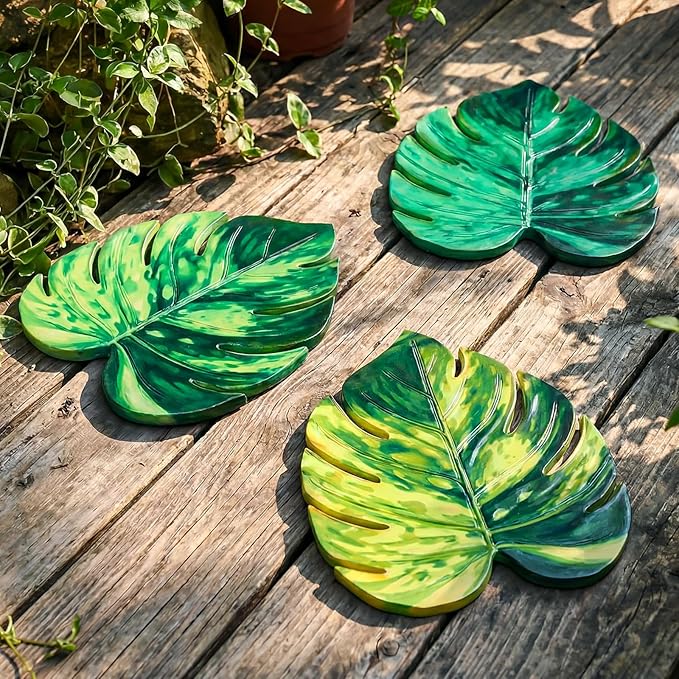 Cinnvoice 3 Pack Garden Stepping Stone Outdoor, Decorative Dimensional Resin Stepping Stones for Patio Pathway Landscaping Walkway Sculpture Yard Backyard Lawn(Monstera Deliciosa,8.4×10 Inches)