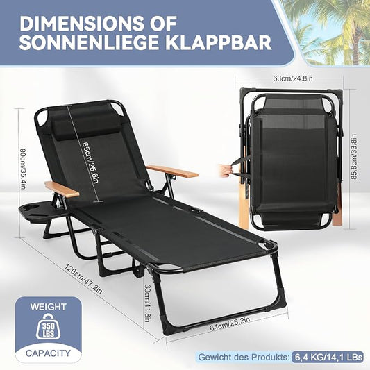 Beach Lounge Chairs with Armrests, 4-Position Folding Lounge Chairs for Outside, Sunbathing Portable Lounge Chaise, Tanning Chair Pillow & Cup Holder, for Outside Beach Pool (Black)