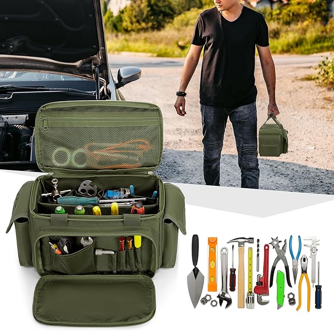 Rexmica Small Tool Bag with Anti-friction and Thick Padded Bottom, Tool Storage Organizer for Men, Tactical Range Bag, Multi-functional Work Bag for Repairman, Electrician, Carpenters (Green)