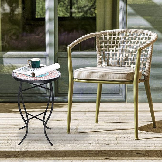 VCUTEKA Patio Side Table, Mosaic Outdoor Side Table 14" Round Small Accent Table Indoor End Table for Yard, Garden, Living Room, Bistro Balcony or Lawn
