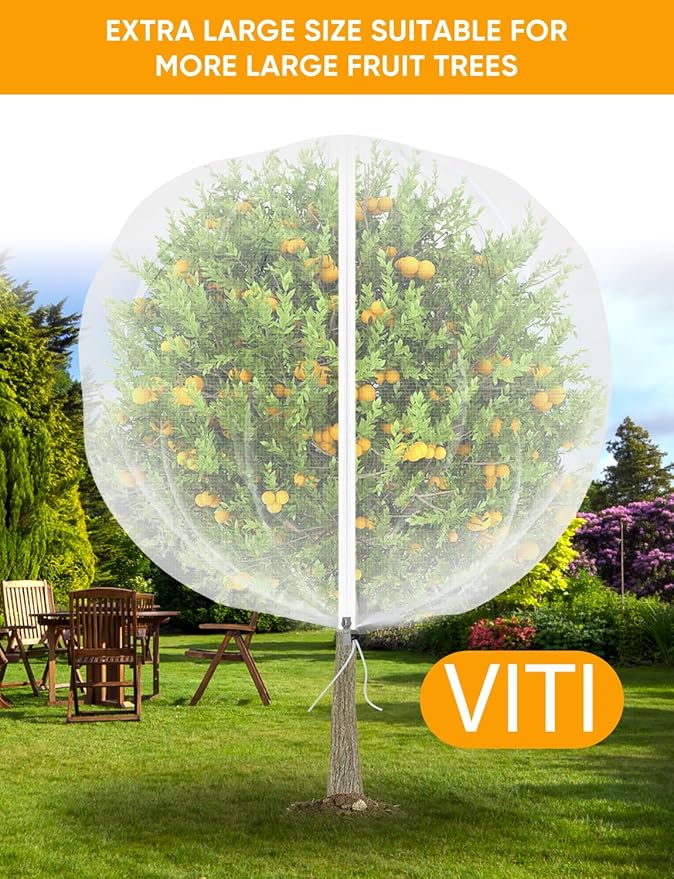 VITI Fruit Tree Netting for Cicadas - with 4Pcs 5Ftx5Ft Zipper&Drawstring Protection for Your Fruit Trees Garden Bird Netting Covers Blueberry Bush Tomato Bug Plant Protection Cherry Apple Tree