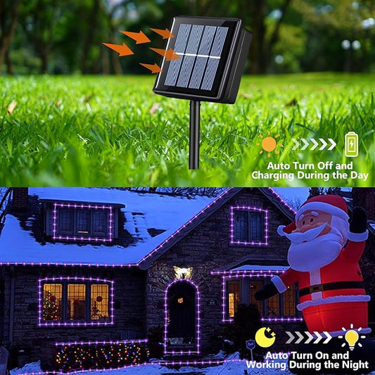 YEGUO Solar Christmas Lights Outdoor Waterproof, 2 Packs Each 33ft 100 LED Rope Lights, 8 Modes Fairy String Lights in Clear Thin Tube for Camping Fence Patio Garden Trampoline Deck(Purple)