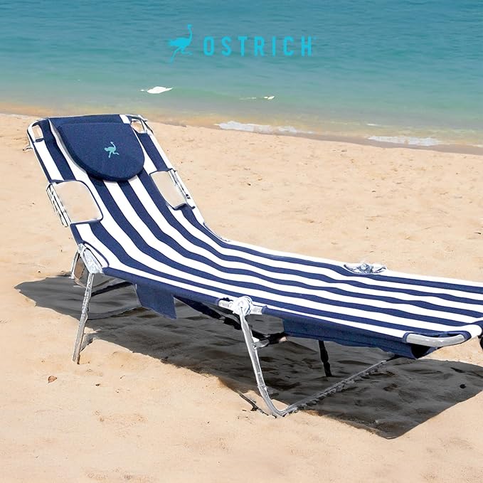 Ostrich the Backpack Chaise Lounge, Folding & Reclining Outdoor Beach Chaise Lounger Chair for Lawn, Pool, Patio, Garden, and Yard, Blue Stripe