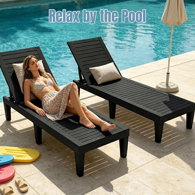 EFU Lounge Chair Outdoor,All-Weather UV-Resistant & Waterproof Patio Lounge Chairs,High-Impact PP 5 Position Adjustable Tanning Chair,Heavy Duty Pool Lounge Chairs Great for Pool & Yard,Black