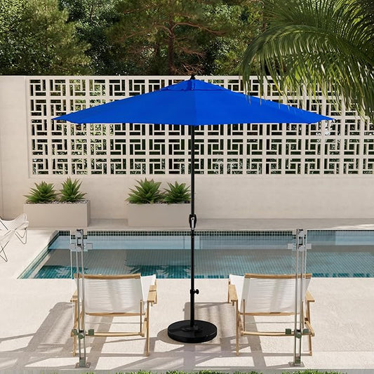 California Umbrella 9' Rd Aluminum Patio Umbrella, Crank Lift, Auto Tilt, Black Finish, Sunbrella Pacific Blue