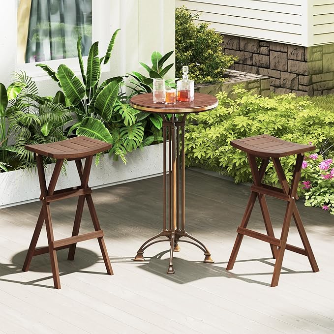 COSTWAY Folding Wooden Bar Stools Set of 4, 30-inch Height Backless Saddle Stools with Footrest, Foldable Chairs for Kitchen Island, Counter, Patio, Indoor & Outdoor, No Assembly Required, Teak