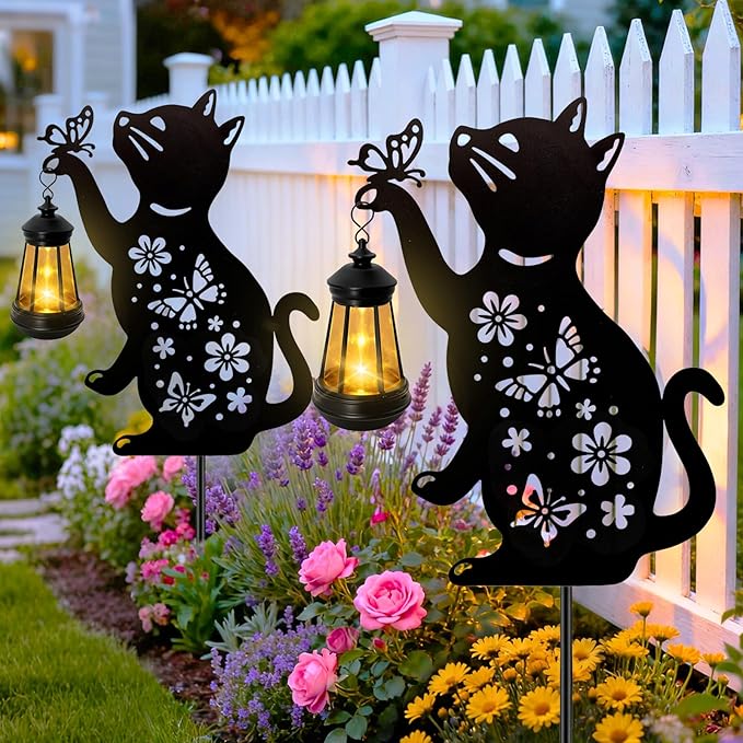 Cat Outdoor Solar Lantern Waterproof, Birthday Gifts for Christmas Women Mom, Solar Hanging Lights with Butterfly, Black Cat Metal Figurine Garden Decor Patio Yard Pathway Backyard Ornaments, 2 Pack