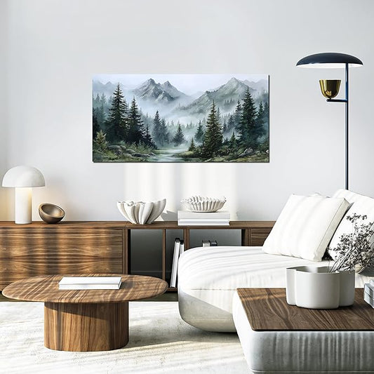 Tarfupth Large Misty Forest Wall Art for Living Room Green Nature Mountain Landscape Canvas Artwork with Trees and River Nature Art for Bedroom Office Home Decor 20x40 Inch