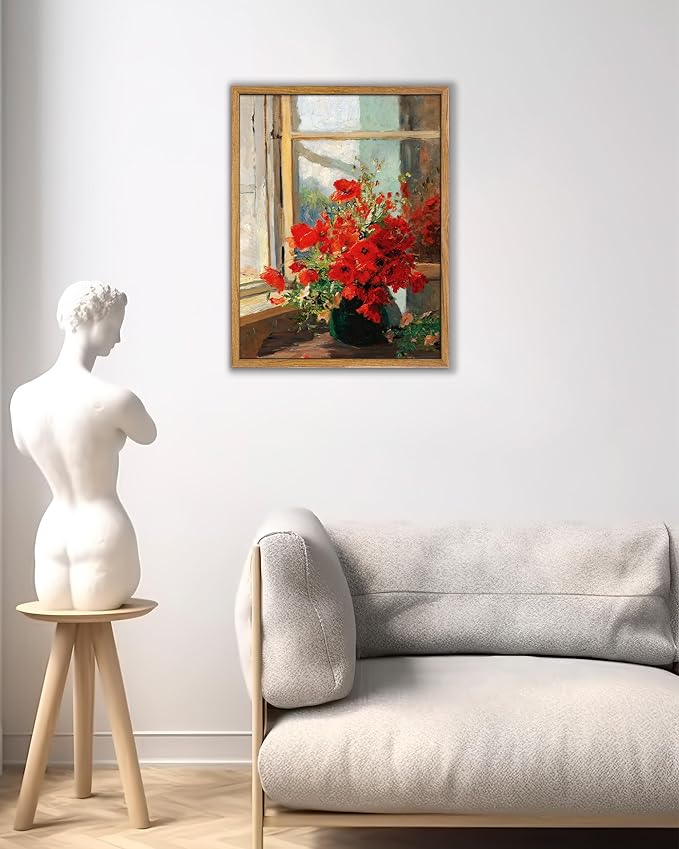 UPWOIGH 12x16 in Framed Wall Art, Red Poppies by the Window Oil Painting Canvas, Vintage Farmhouse Rustic Decor, Red Flowers Print, Antique Wall Decor for Living Room Bedroom, 1 Pack Gift