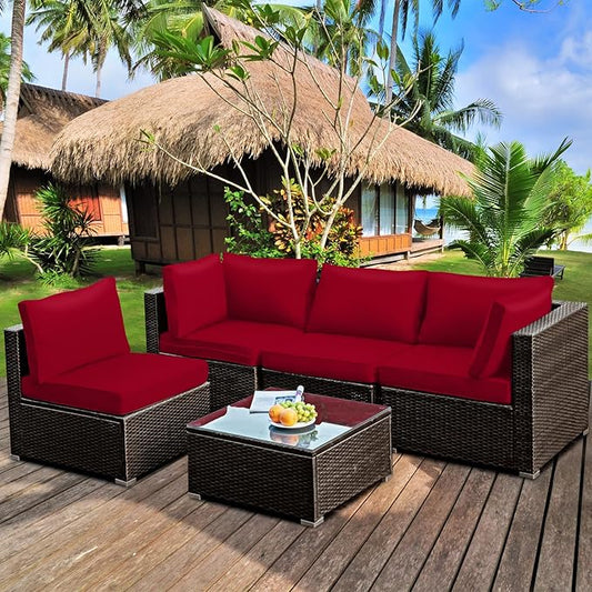 HAPPYGRILL 5-Piece Patio Furniture Set Outdoor Rattan Wicker Sofa Set with Coffee Table Sectional Sofa Conversation Set with Pillows Cushions for Backyard Porch Garden Poolside