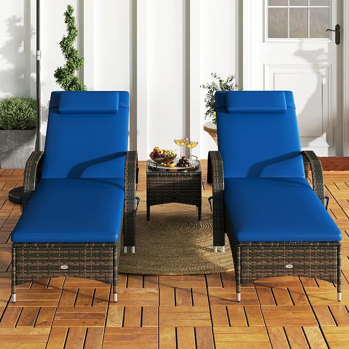 Outsunny Wicker Outdoor Chaise Lounge Chair Set of 3 with Side Table, 5-Level Adjustable Backrest PE Rattan Pool Lounge Chair with Wheels, Cushion & Headrest, Brown and Gray