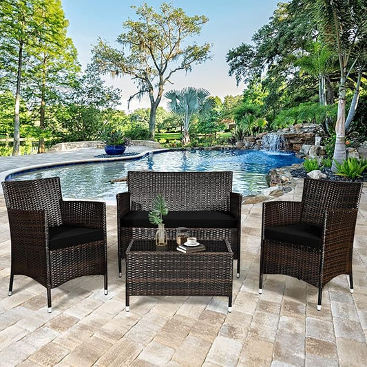 HAPPYGRILL 4 Pieces Patio Sofa Set Rattan Wicker Furniture Patio Conversation Set with Cushioned Sofa and Coffee Table for Outdoor Backyard Garden Poolside