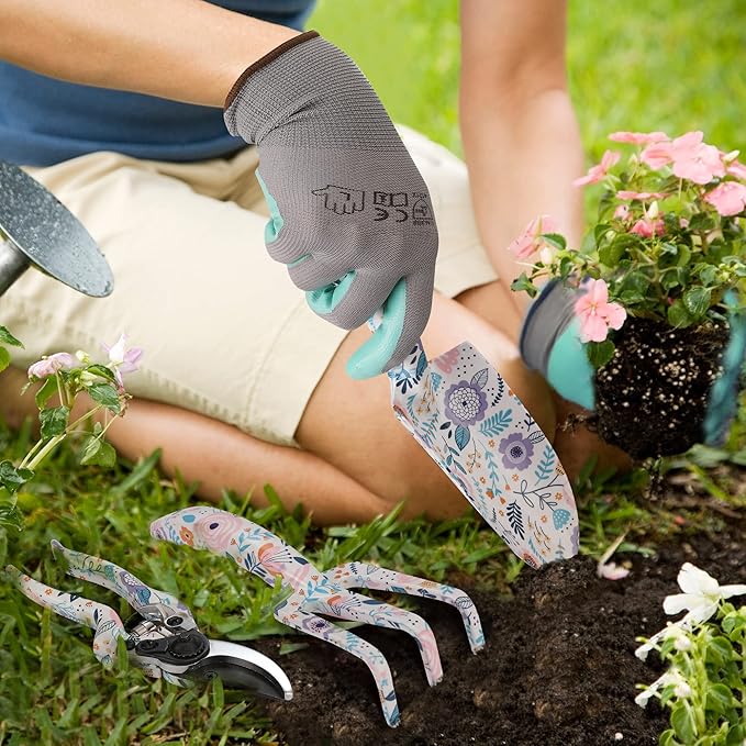 WORKPRO Aluminum Garden Tool Set, 4PCS Heavy Duty Hand Garden Tools with Box Include Trowel, Rake, Pruner, Garden Gloves, Garden Gifts