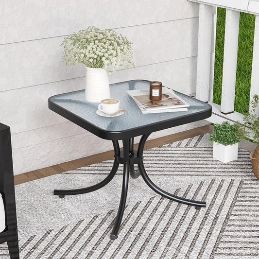 Giantex Small Outdoor Side Table with Tempered Glass Top Set of 2, Heavy-Duty Metal Frame, 110 Lbs Capacity, Square Patio Table for Balcony, Porch, Backyard, Deck, Black