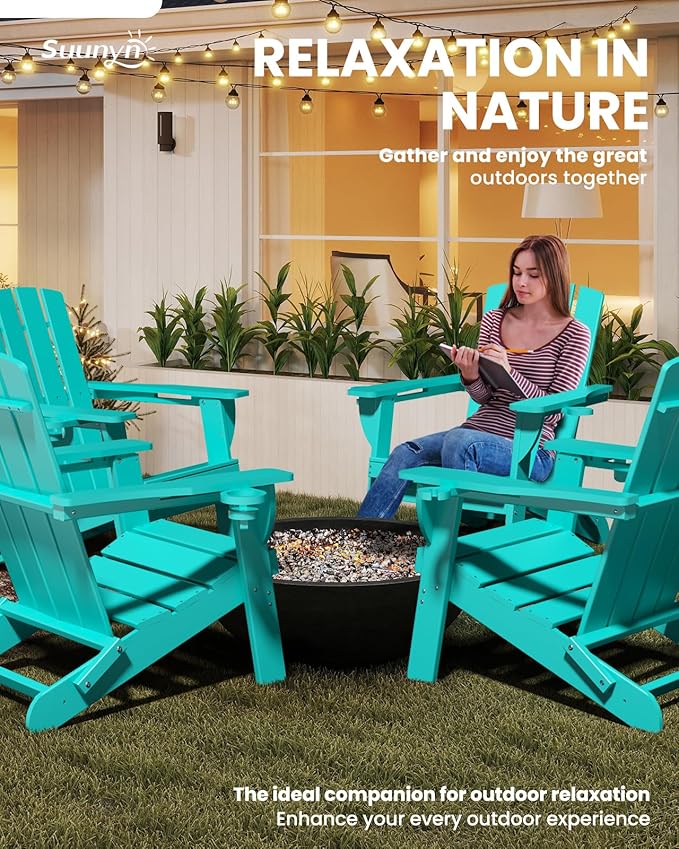 Folding Adirondack Chair, HDPE All-Weather Fire Pit Chairs, Plastic Adirondack Chairs with 2 Cup Holder, Outdoor Lawn Chair for Patio Garden (Lake Blue)