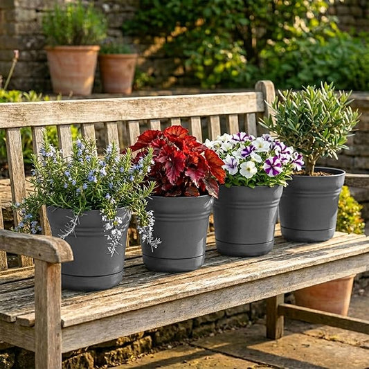 Bloem Saturn 5" Charcoal Round Resin Planter Pot with Snap-in Saucer for Indoor and Outdoor Gardening, 4-Pack