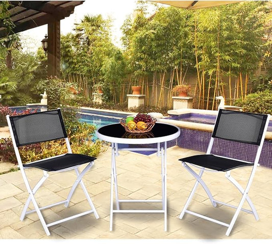 Giantex Bistro Table Set, 3 Piece Patio Bistro Set, Outdoor Folding Table and Chairs, Foldable Patio Dining Set, Porch Furniture Set Garden Backyard Metal Frame No Assembly, Black