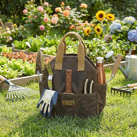 Tourbon Waxed Canvas Garden Tool Bag Gardening Tools Storage Tote with 5 Interior and 6 Exterior Pockets Multi-Functional Organizer for Gardener Florist Workshop