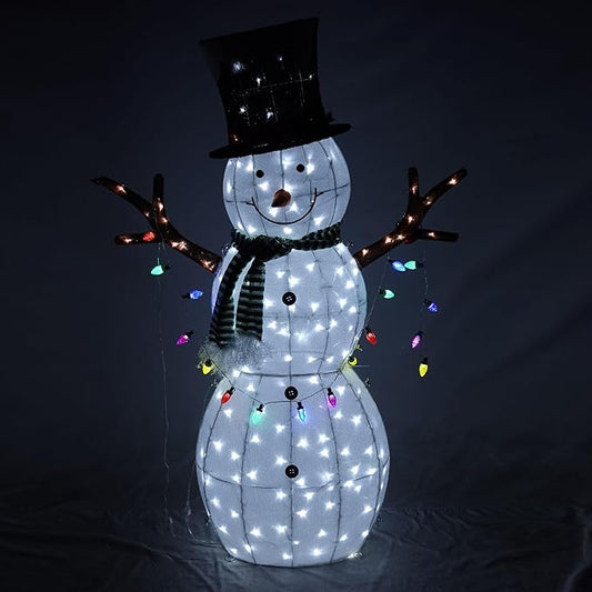 Alpine Corporation 60" H 3D White Fabric Snowman Holding Color String with LED Lights, Christmas Decor
