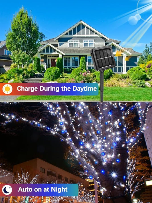 4 Pack Solar Christmas Lights Outdoor Waterproof, 132FT 400LED Solar String Lights Green Wire Fairy Lights, Solar Twinkle Lights with 8 Lighting Modes for Xmas Garden Decorations (Blue&White)