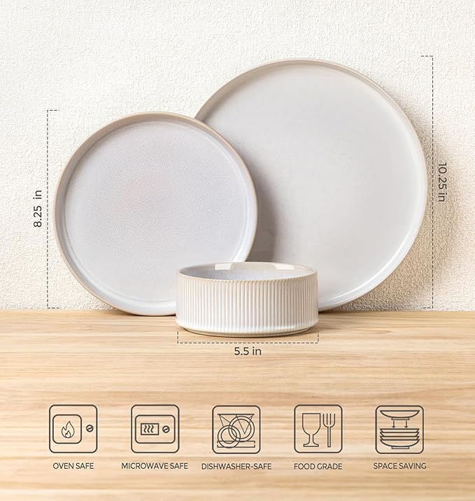 TheTerra Ceramic Dinnerware Sets for 6, 18 Pieces Porcelain Lightweight Plates and Bowls Sets, Scratch Resistant Dish Set, Oven & Microwave & Dishwasher Safe,Reactive White