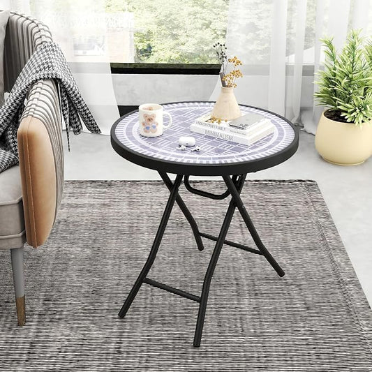 Giantex Folding Outdoor Side Table with Tempered Glass Tabletop & Metal Frame, Portable 18” Round End Table for Patio, Sofa Side, Yard, Porch, Poolside Living Room, Grey