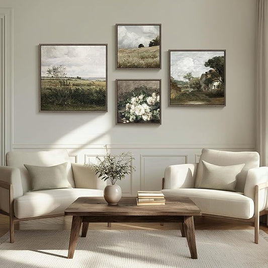 4 Piece Framed Vintage Landscape Wall Art for Living Room, Large Rustic Farmhouse Canvas Pictures Artwork for Walls, French Country Botanical Prints Paintings for Bedroom and Dining Room Wall Decor