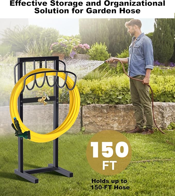 Artigarden Outdoor Garden Hose Holder Freestanding with Brass Faucet And 4 Spikes, Heavy Duty Metal Water Hose Reel Stand Hanger Rack Organizer Holds Storage 150ft Hose for Outside Yard Lawn, Black