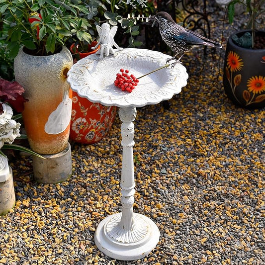 Sungmor Cast Iron Ornate Bird Bath for Garden, 21" Tall Vintage White Birdbath with Angel Statue Decor, Outdoor Standing Water Bowl, Decorative Pedestal Bird Feeder for Patio Deck Backyard