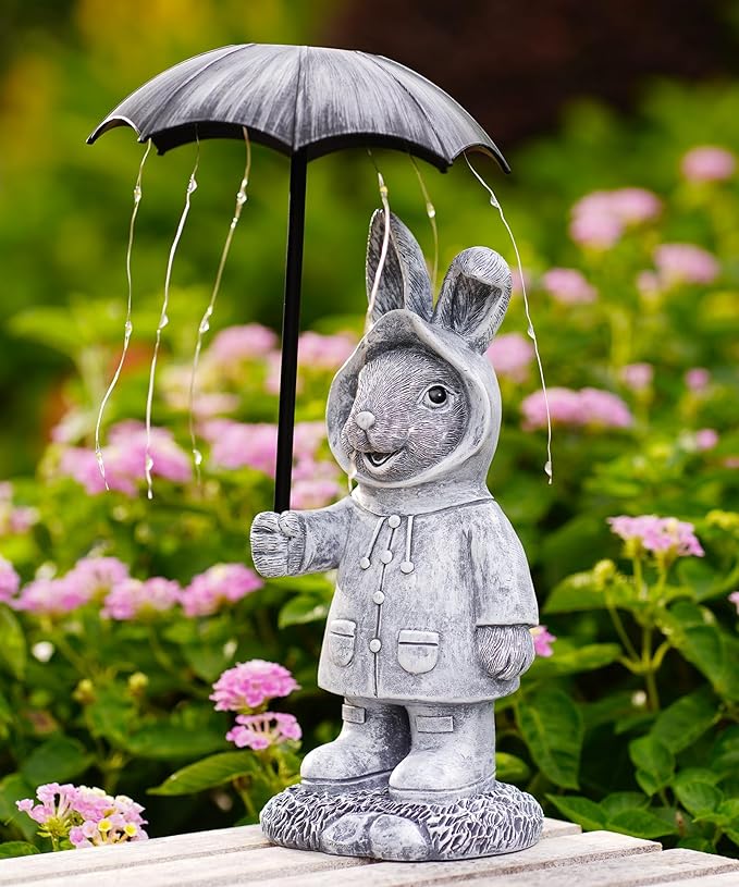 Solar Rabbit Garden Statue Outdoor Decor, Bunny Figurines Lights with Umbrella for Outside Yard Lawn Ornaments,Gifts for Mother's Day Birthday Easter Housewarming(Grey)