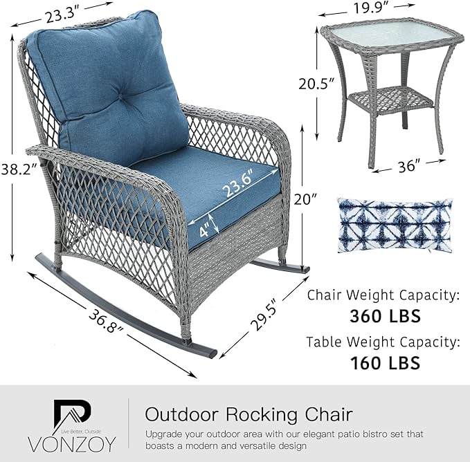 Patio Furniture Set 3 Pieces, Wicker Rocking Bistro Set with Thick Cushions, Outdoor Rocker Chairs and Coffee Table for Porch, Backyard or Garden (Blue)