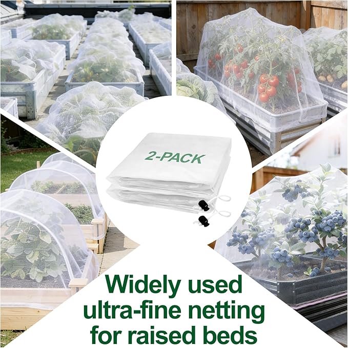 2 Pack Garden Netting for 4x2x1ft Raised Beds, Ultra-Fine Mesh Plant Covers with Drawstring, Bird, Pest & Small Animal Barrier for Vegetables, Fruits & Flowers