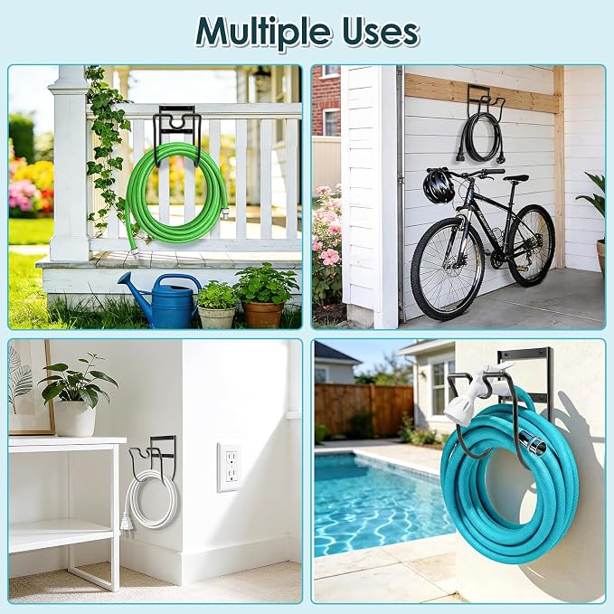 Hose Hanger Wall Mount, Metal Garden Hose Holder with Nozzle Groove for Outside Inside Water Hoses Extension Cords Air Lines, Black, 2 Pcs