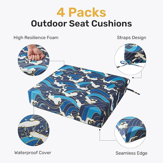 UNIKOME Outdoor Chair Cushions Pack of 4, Water Resistant Patio Cushions with Ties, High Density Sponge Filling Square Corner Seat Cushions for Outdoor Furniture, 19"*19"*3", Blue/Waves