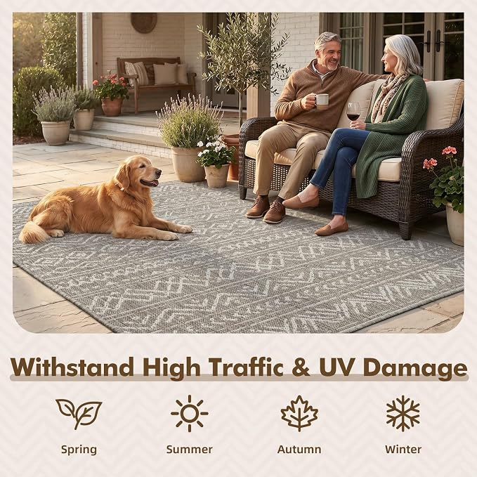 MontVoo-Outdoor Rug-Patio Rug 5x7 ft Polypropylene Indoor Outdoor Rugs Outdoor Carpet for Patio Deck Balcony Porch, Textured Weave, Durable for High Traffic, Fade-resistant, Boho Farmhouse Silver Grey
