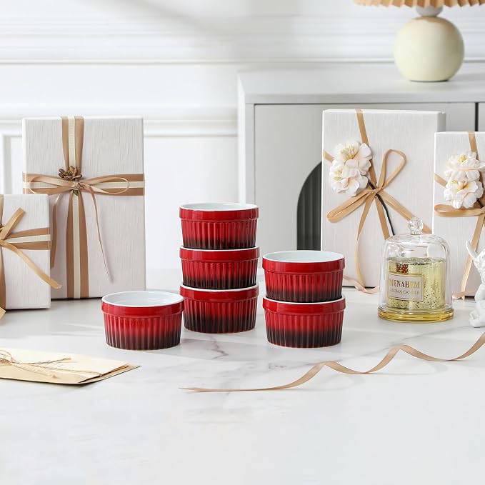 MALACASA Ramekins 4 oz Oven Safe, Small Ceramic Souffle Dishes for Creme Brulee Souffle, Stoneware Custard Cups Ramiken for Baking, Baking Bowls Dipping Sauce Dish Set of 6, Red, Series RAMEKIN-DISH