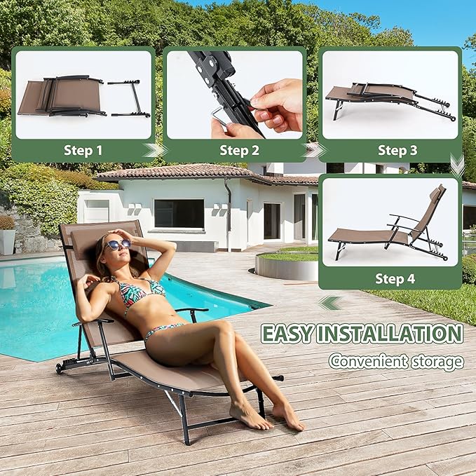 Nice C Patio Chaise Lounge with Wheel, Outdoor Lounge with Armrest for Pool, 5 Reclining Positions, with Rolling Wheel for Poolside, Beach, Backyard, Patio (1 Pack, Beige)